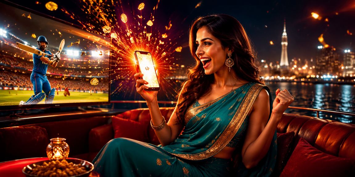 Indian woman enjoying cricket betting on mobile app
